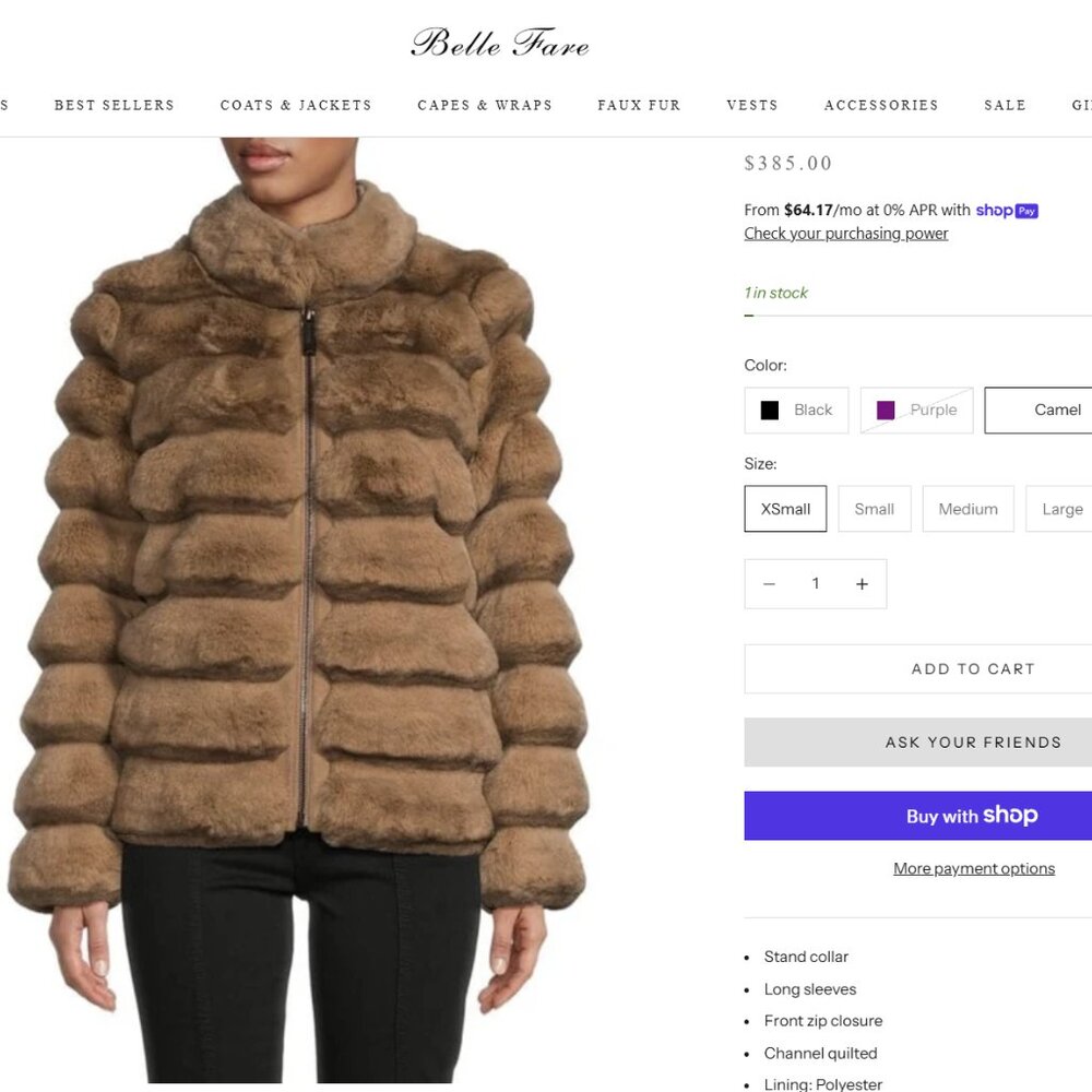 Belle Fare Faux Fur Quilted Jacket in Camel NWT